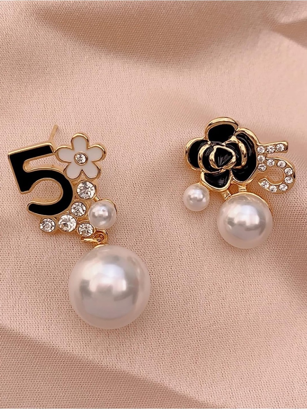 Asymmetrical Pearl Statement Earrings | Gold Crystal Flower Earrings
